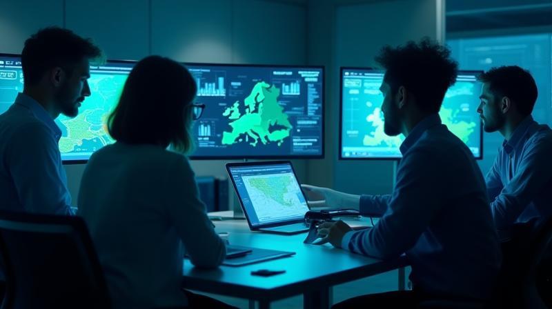 Team of tech experts analyzing toll data on European highways